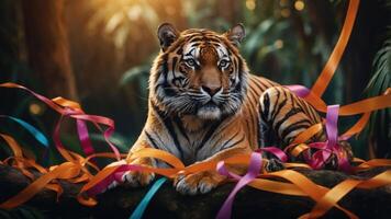 A tiger rests on a log surrounded by colorful ribbons in a lush jungle setting. photo
