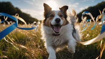 A joyful dog running through a field with ribbons, capturing a moment of playfulness. photo