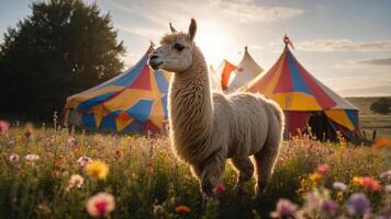 A serene alpaca stands in a flower-filled field near colorful circus tents at sunset. photo