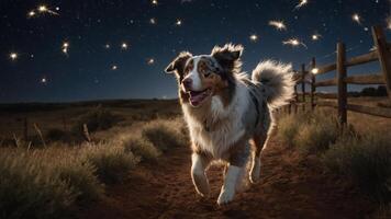 A joyful dog runs along a path under a starry night sky. photo