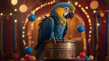 A colorful parrot perched on a decorative drum in a festive circus setting. photo