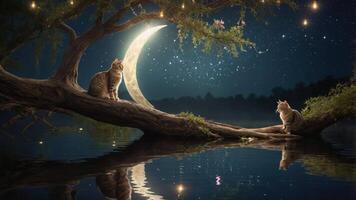 Two cats sit on a branch by a moonlit lake, surrounded by stars and a serene atmosphere. photo