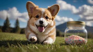 A happy corgi puppy playing on grass beside a jar of colorful sprinkles. photo