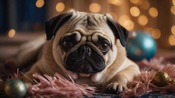 A pug resting on a soft surface with decorative ornaments and warm lights in the background. photo