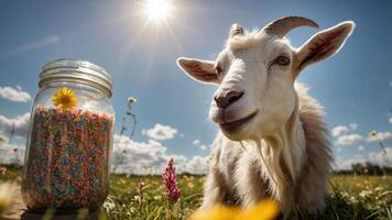 A goat beside a jar of colorful sprinkles in a sunny field with flowers. photo
