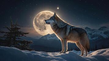 A wolf stands majestically in a snowy landscape under a bright full moon. photo