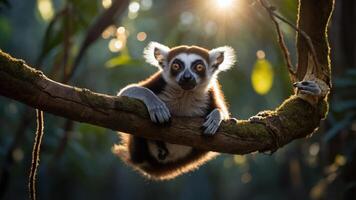 A lemur resting on a tree branch in a sunlit forest. photo