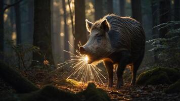 A wild boar stands in a forest, illuminated by sunlight filtering through the trees. photo