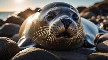 A close-up of a seal resting on rocks by the shore, illuminated by sunlight. photo