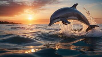 A dolphin leaps gracefully from the ocean at sunset, creating splashes in the water. photo