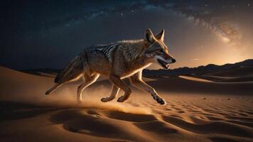 A coyote running through desert sands under a starry sky, showcasing wildlife in nature. photo
