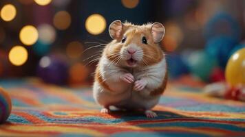 A cute hamster stands on a colorful carpet with a playful expression, surrounded by vibrant decor. photo