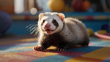 A playful ferret exploring a colorful play area, showcasing its curious nature. photo