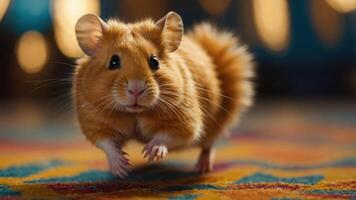 A cute, fluffy hamster running on a colorful carpet, showcasing its playful nature. photo