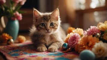 A playful kitten surrounded by colorful flowers and decorative elements in a cozy setting. photo