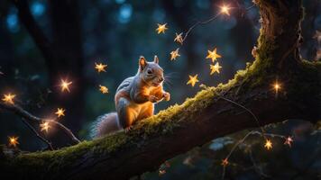 A whimsical scene of a squirrel surrounded by glowing stars on a mossy branch. photo