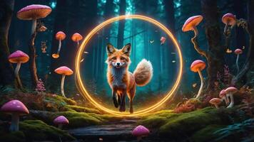 A fox runs through a mystical forest, framed by glowing mushrooms and a luminous circle. photo