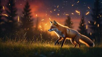 A fox walks through a grassy field at sunset, illuminated by warm light and floating particles. photo