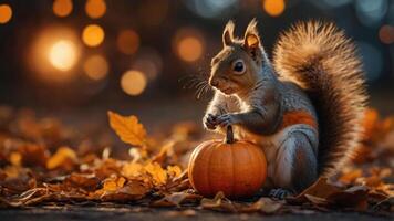 A squirrel interacts with a small pumpkin amidst autumn leaves and warm bokeh lights. photo