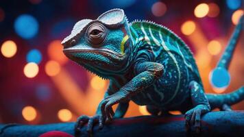 A vibrant chameleon perched on a branch with colorful bokeh in the background. photo
