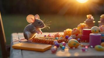 A small mouse surrounded by colorful decorations and objects, illuminated by sunset. photo