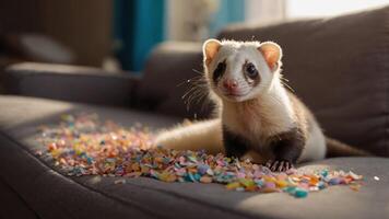 A playful ferret sits on a couch surrounded by colorful confetti. photo