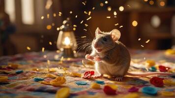 un encantador ratón rodeado por vistoso flores y destellos en un acogedor ajuste. foto