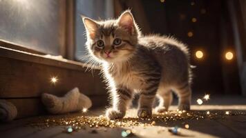 A playful kitten explores a sunlit room scattered with glittering particles. photo