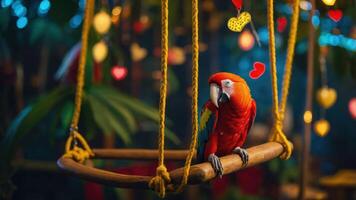A vibrant parrot perched on a swing amidst a colorful, romantic setting. photo