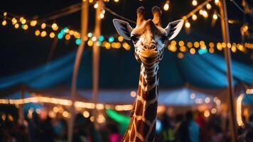 A giraffe stands amidst a festive atmosphere with string lights and a crowd in the background. photo
