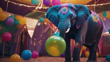 A colorful elephant in a circus setting surrounded by balloons and festive decorations. photo