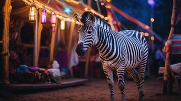 A zebra stands in a vibrant, illuminated setting with tents and colorful decorations. photo