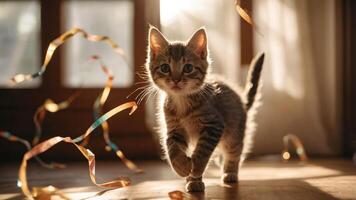 A playful kitten walks through a sunlit room with colorful streamers scattered around. photo