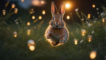 A rabbit leaps through a grassy field illuminated by glowing jars at sunset. photo