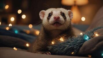 A cute ferret surrounded by colorful lights on a cozy couch. photo