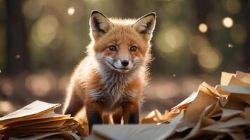 A curious fox stands amidst scattered papers, illuminated by soft, natural light. photo