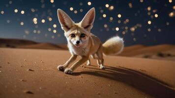 A fennec fox running in a desert under a starry sky, showcasing its unique features. photo