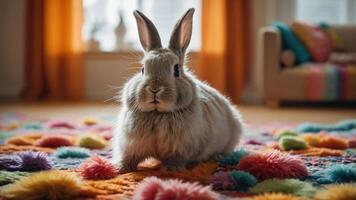 A fluffy rabbit sits on a colorful, textured rug in a cozy indoor setting. photo