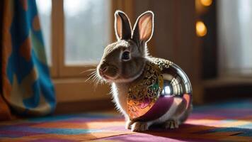A rabbit with a shiny, decorative egg shell, set in a cozy indoor environment. photo
