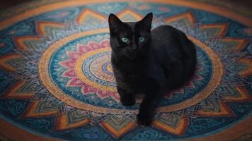 A black cat resting on a colorful mandala-patterned surface. photo