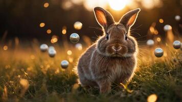 A rabbit in a sunlit field surrounded by floating orbs, creating a whimsical atmosphere. photo