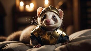 A ferret dressed in knight armor, posing cutely in a cozy setting. photo