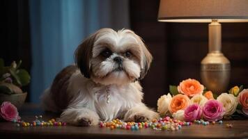 A Shih Tzu lies on a table surrounded by flowers and colorful beads, creating a cozy atmosphere. photo