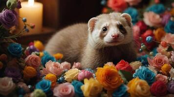 A ferret surrounded by colorful flowers and a candle, creating a serene atmosphere. photo