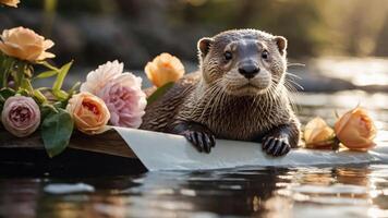 A playful otter surrounded by flowers on a serene water surface. photo