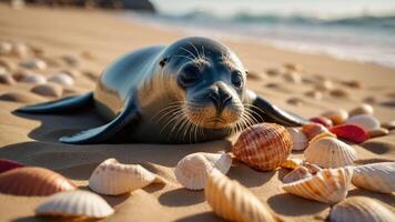 A seal resting on a sandy beach surrounded by colorful seashells. photo