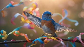 A colorful bluebird perched on a branch surrounded by festive ribbons in soft, warm light. photo