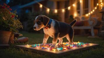 A playful puppy stands on a lighted platform surrounded by colorful decorations at dusk. photo