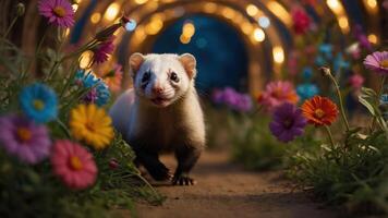 A curious ferret exploring a colorful flower pathway illuminated by soft lights. photo