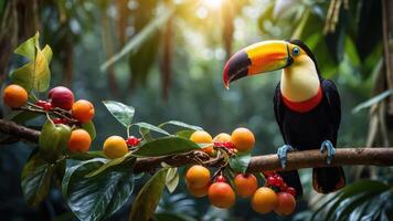 A colorful toucan perched on a branch surrounded by vibrant fruits in a lush forest setting. photo